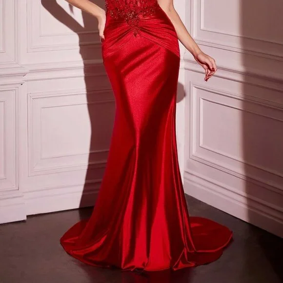 NEW FORMAL SLEEVELESS SATIN GOWN W/ V-NECK SHEER BODICE & CRYSTAL BEADING CD776